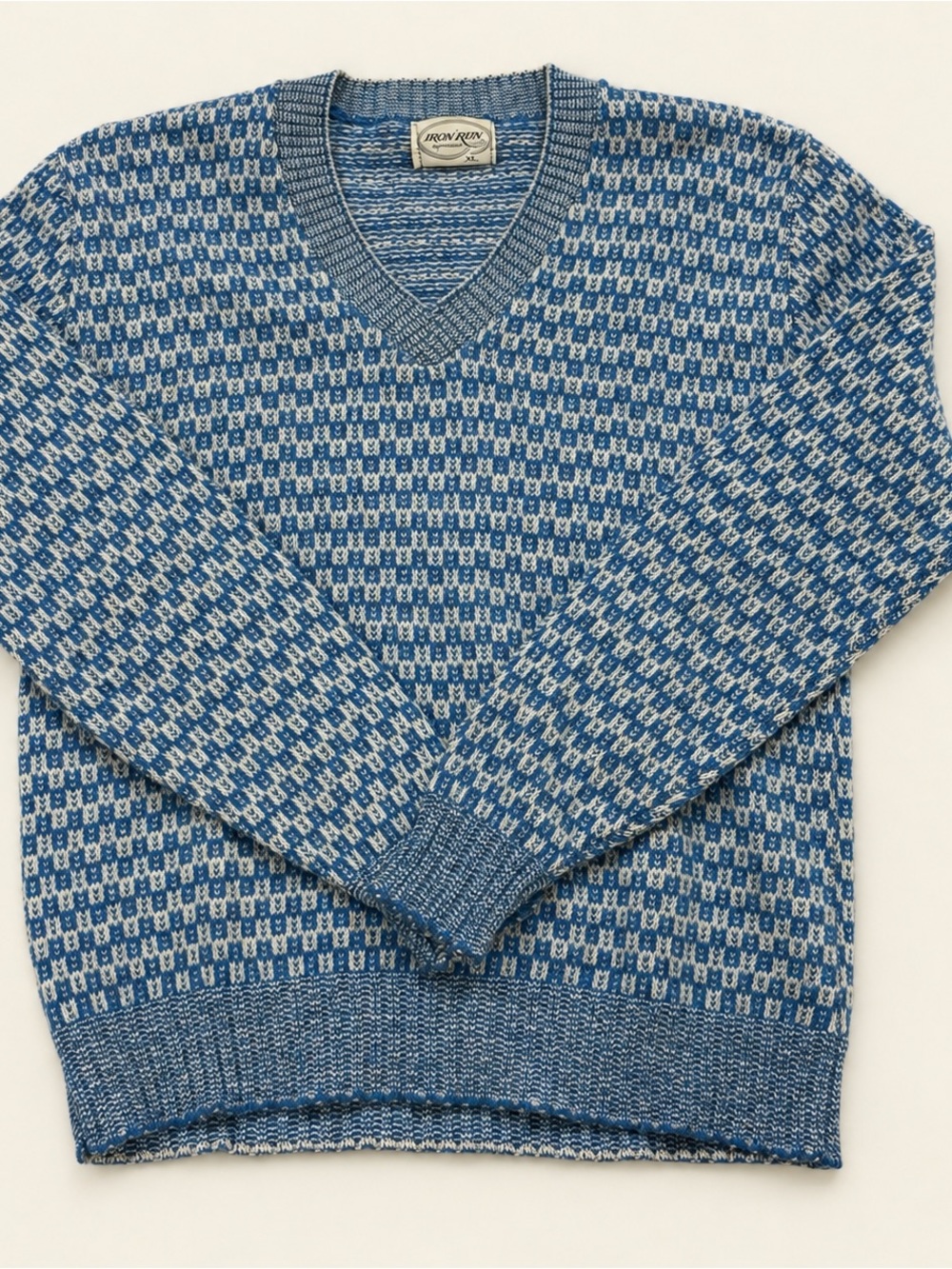 Iron Run Sportswear Men's Blue & White Houndstooth V-Neck Knit Wool sweater XL